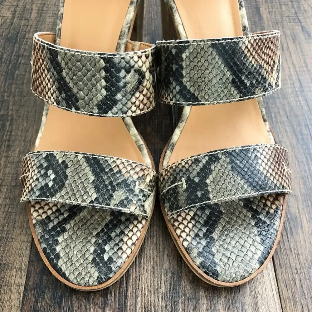 Frye & Co Ankle Strap Leather Sandal Block Heel Snakeskin Size 8.5 Gray Brown